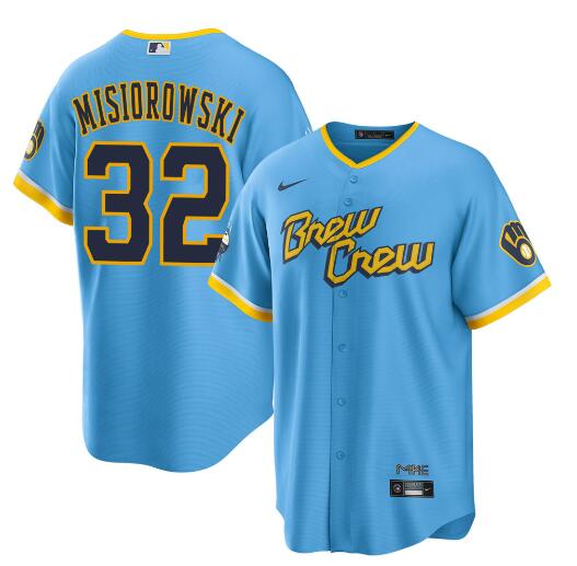 Men's Milwaukee Brewers #32 Jacob Misiorowski Powder Blue City Connect Cool Base Stitched Jersey Men's Milwaukee Brewers #32 Jacob Misiorowski Powder Blue City Connect Cool Base Stitched Jersey